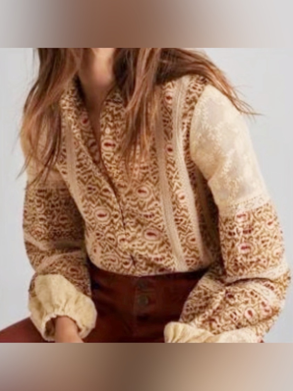 Anthropologie Eze Sur Mer Tana Lace Insert Long Sleeve Boho Blouse Size XL
